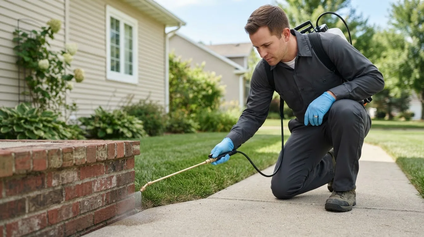 Pest control technician treating a home near Rochester, MA