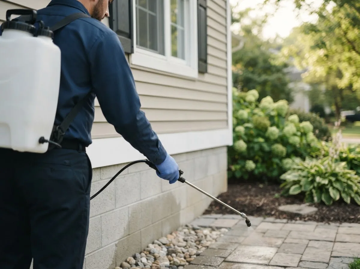 Pest control technician inspecting a home in Rochester, MA